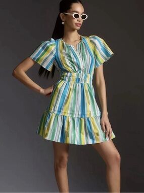 Anthropologie Somerset Mini Dress, Green, Blue, Stripes, NWT, Size XS